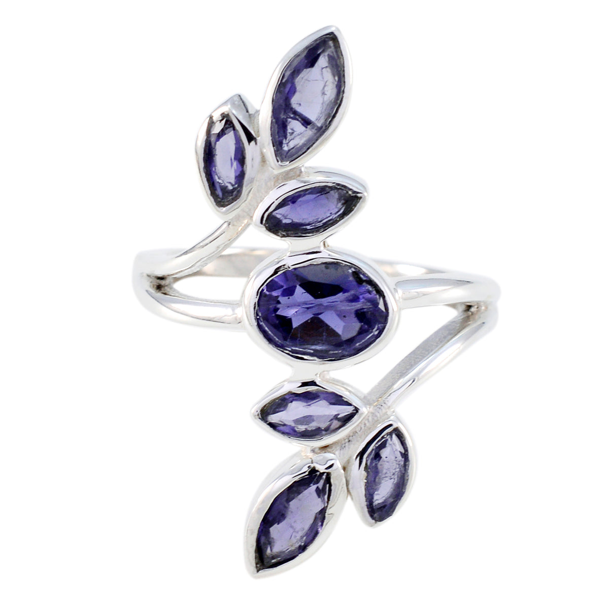Marie silver ring with blue gemstone leaf ring design featuring multiple oval and marquise stones