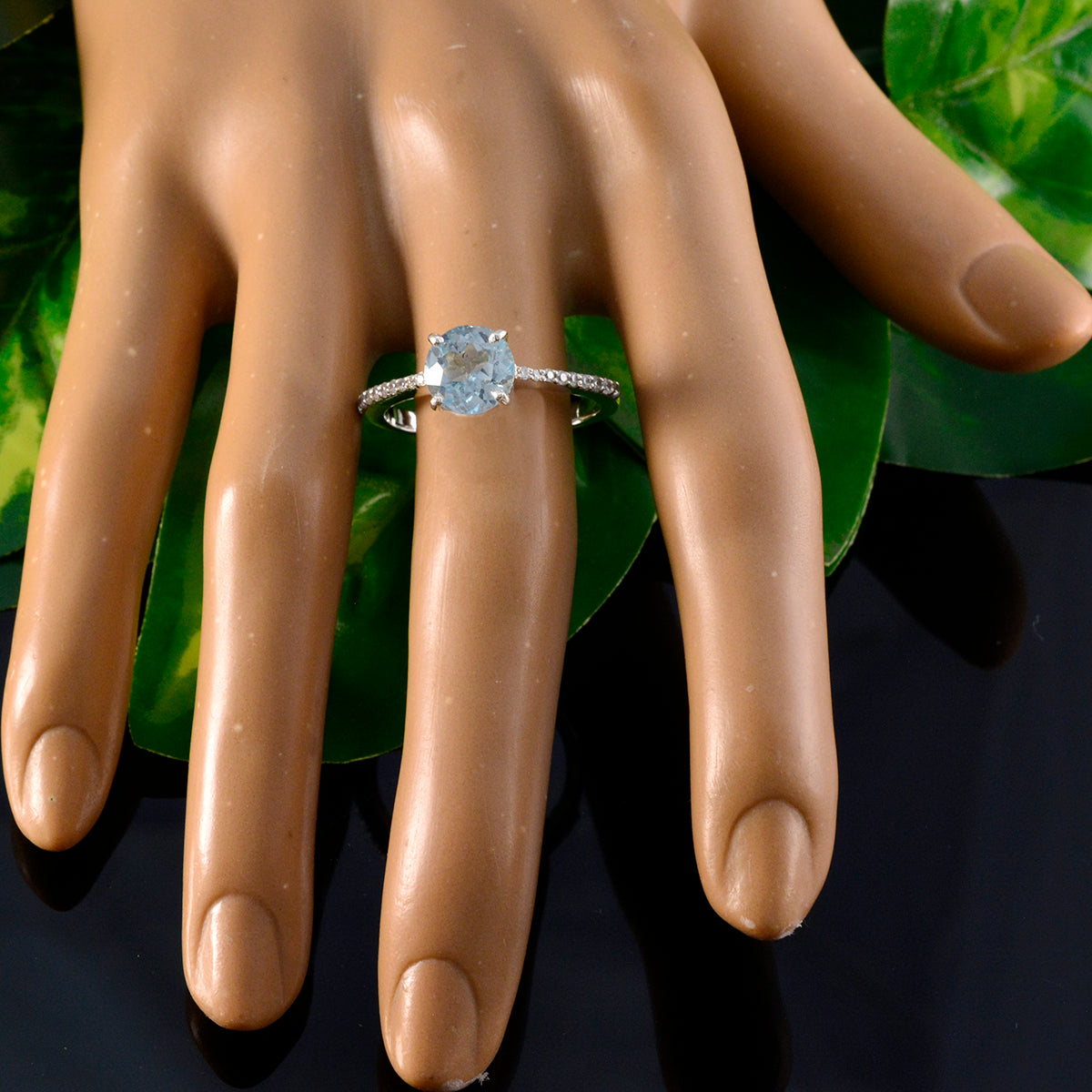 Grace Blue Halo Gemstone Ring with Silver Band