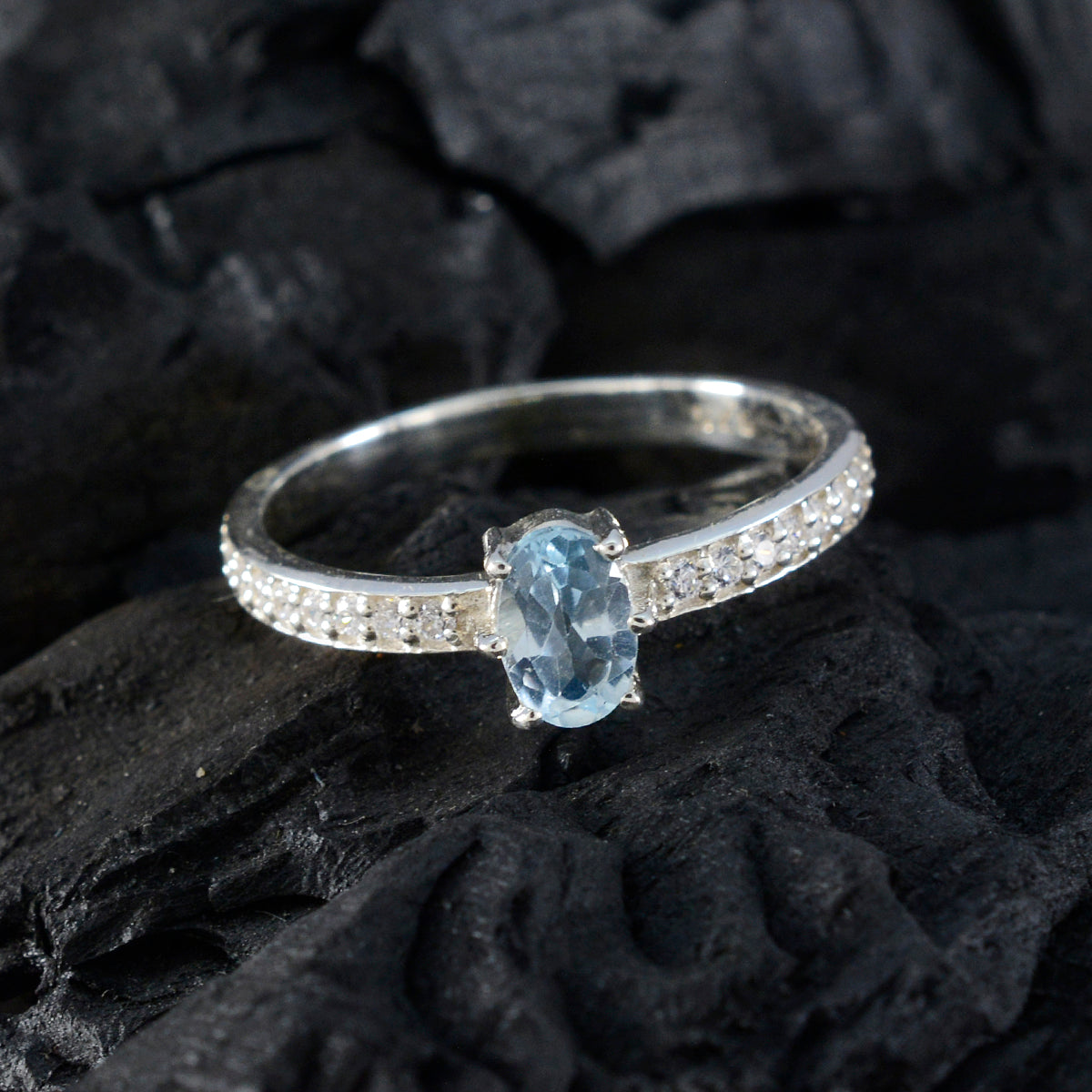 Eun-ji elegant silver blue halo ring for women with oval blue gemstone and small diamonds on band