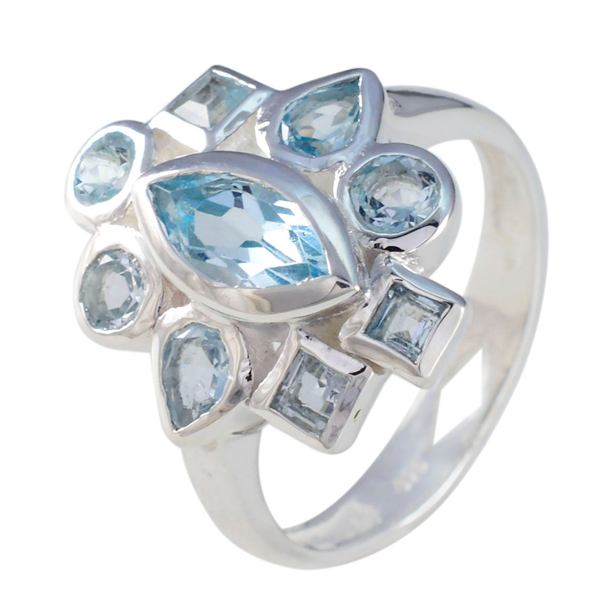 Lucy blue navratna ring with multiple light blue gemstones set in silver band
