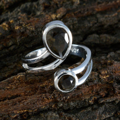 Julia sterling silver brown gemstone toi et moi ring with pear and round smoky brown stones on bark