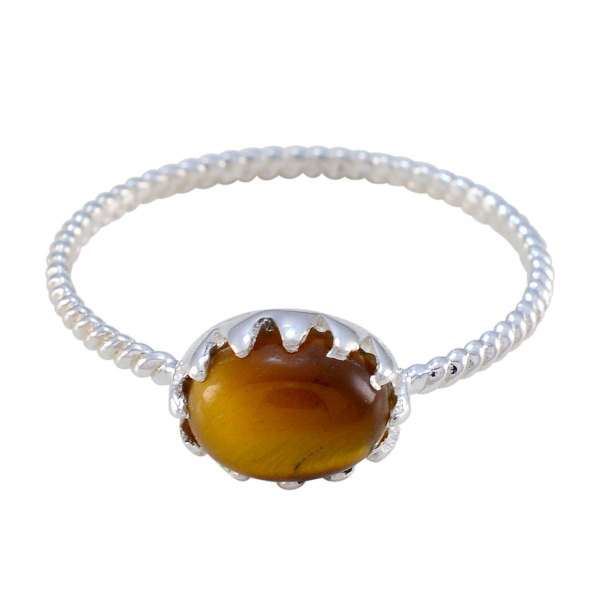 Hua Elegant Brown Solitaire Ring with Sterling Silver Tiger Eye Brown