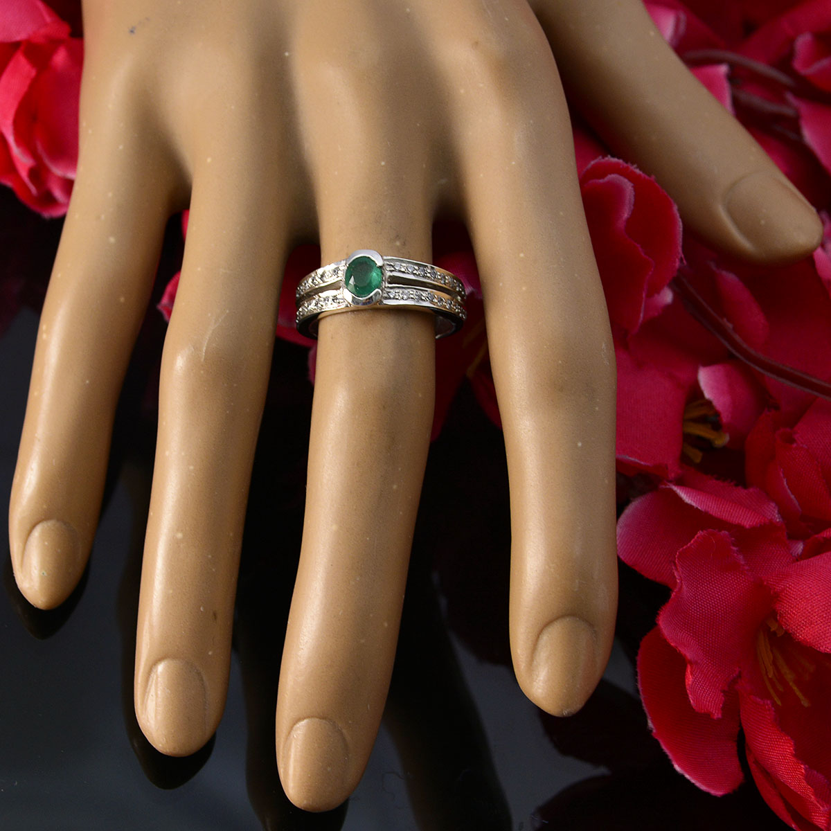Micaela Modern Green Gemstone Ring with Silver Band