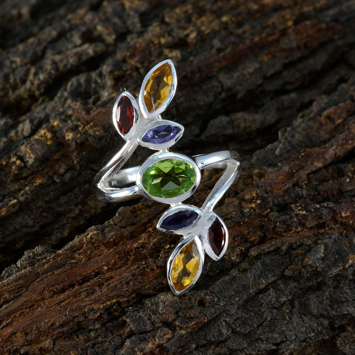 Aria multicolor gemstone cocktail ring silver band with green oval center and marquise yellow red and purple stones