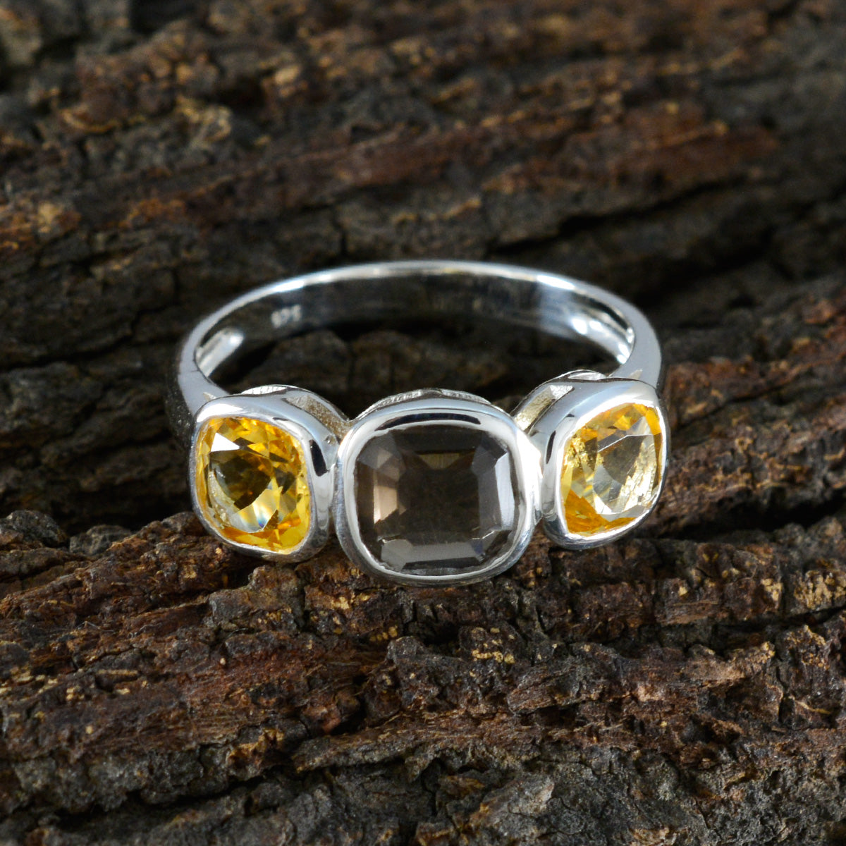 Saanvi multicolor gemstone trilogy ring with yellow and smoky quartz stones set in silver band