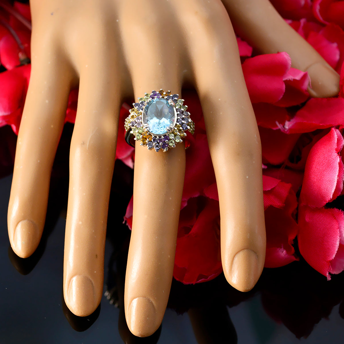 Eva Multicolor Halo Cocktail Ring with Blue Gemstone