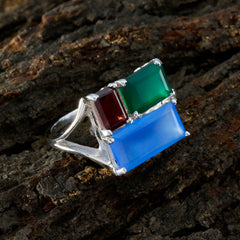 Charlotte multicolor trilogy cocktail ring with rectangular blue green and red stones in sterling silver