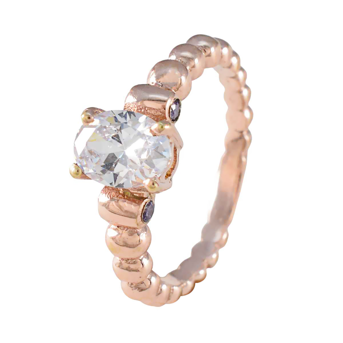Min seo rose gold beaded band ring with large clear center stone and small purple accents purple gemstone fashion ring