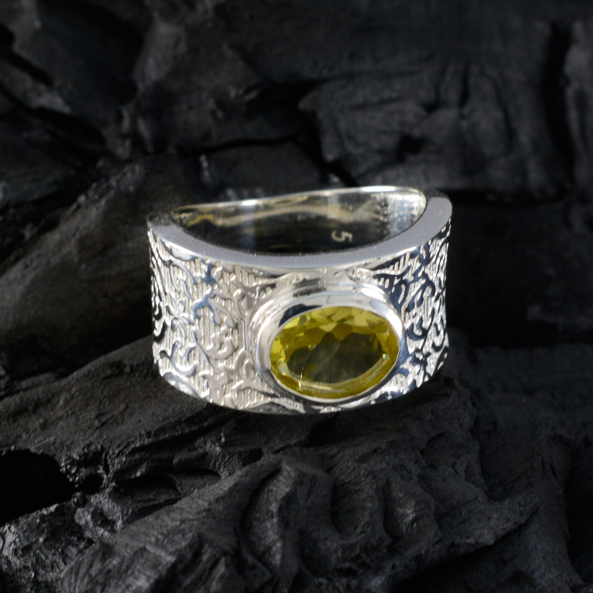Aaliyah Silver Ring with Textured Band and Oval Green Peridot Gemstone Centerpiece