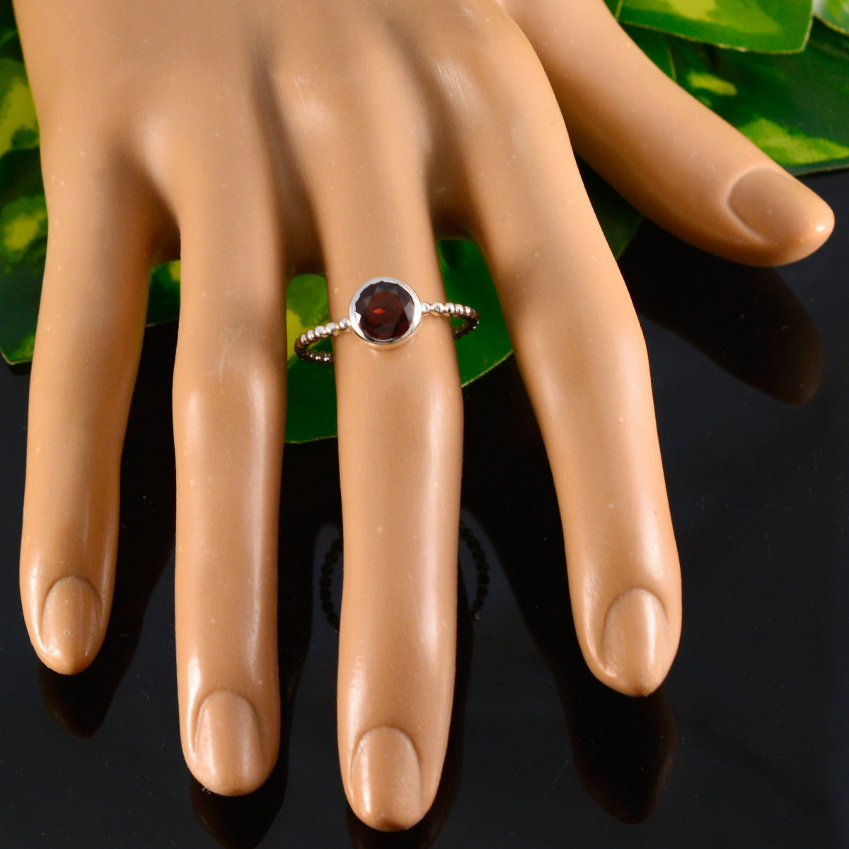Lakshmi Twist Red Solitaire Ring with Beaded Band
