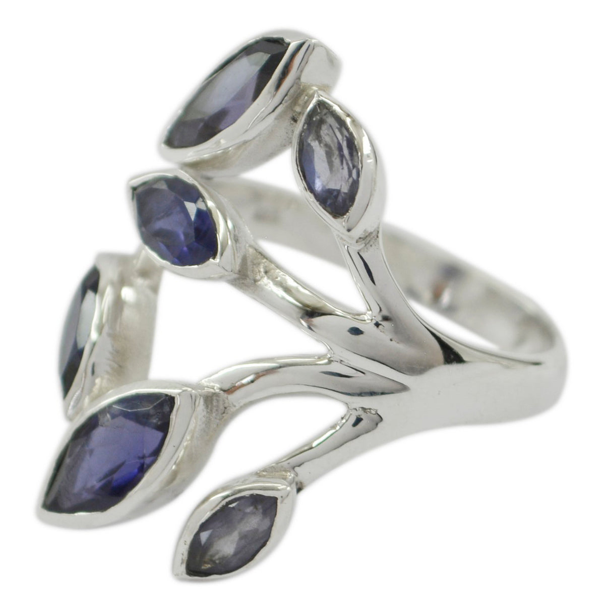 Natalia leaf design blue gemstone ring with silver band and multiple marquise stones