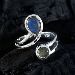 Saanvi luxurious grey toi et moi ring with blue and grey gemstones set in polished silver band