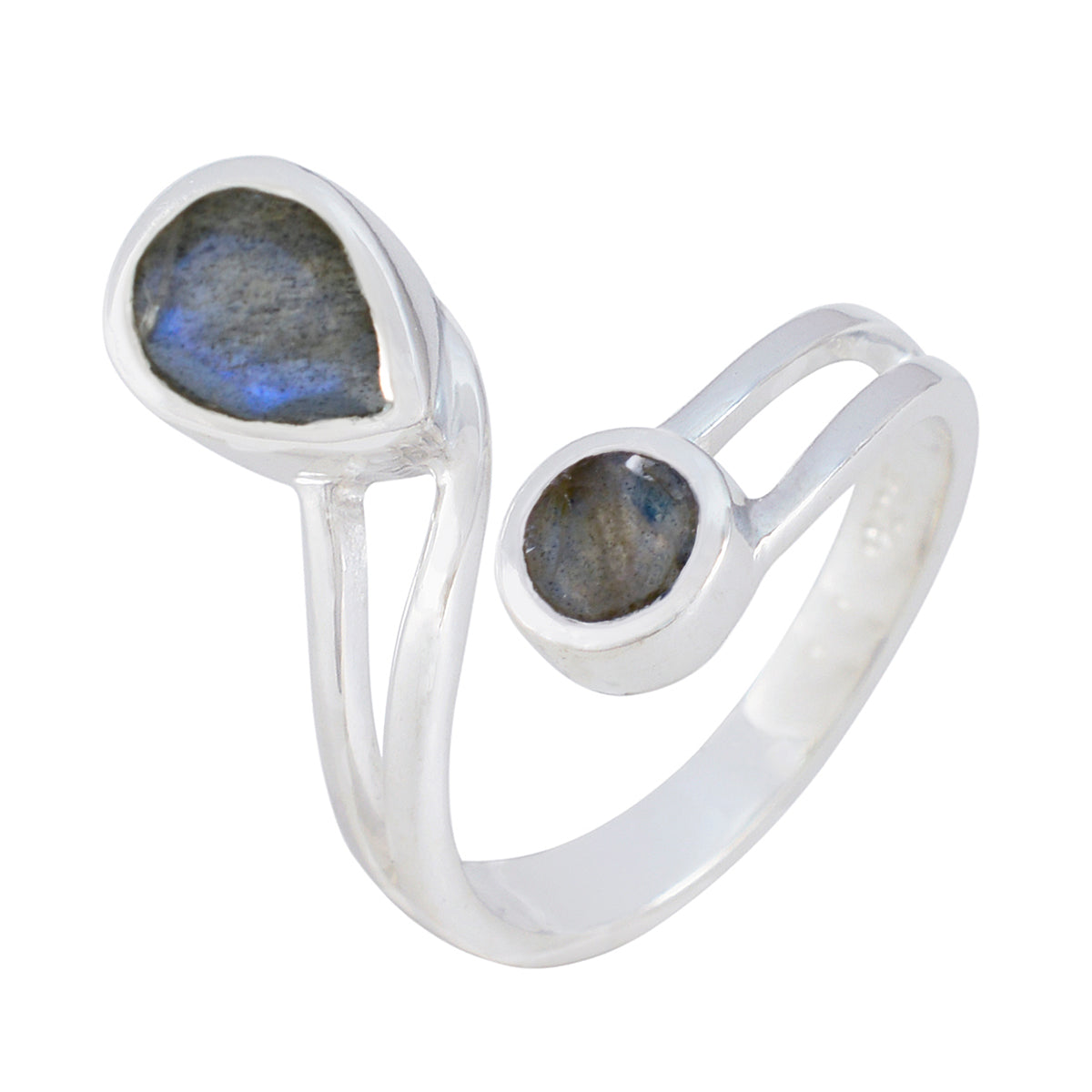 Saanvi luxurious grey toi et moi ring with two labradorite stones set in silver band