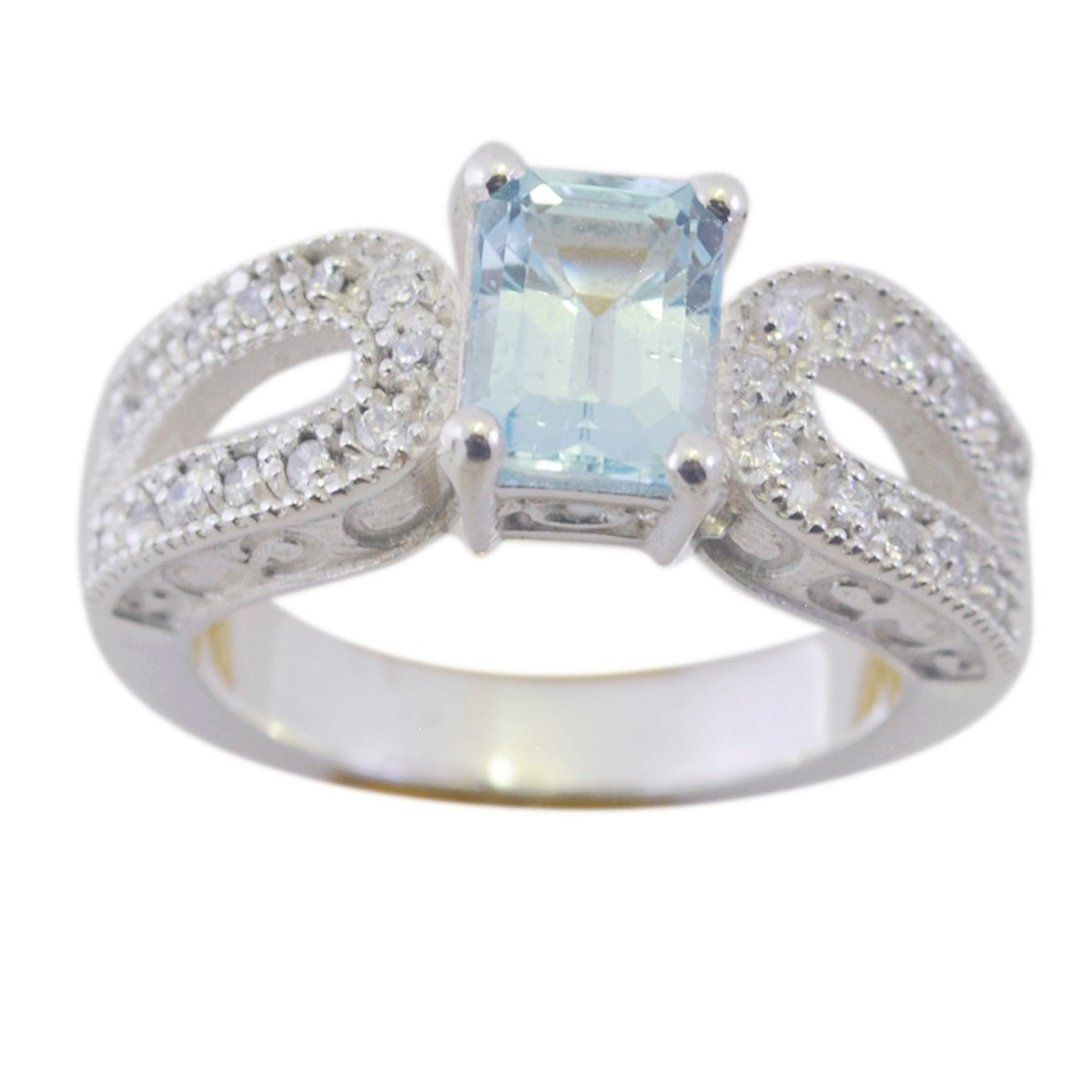 Julia modern blue halo ring with rectangular blue center stone and sparkling pave band