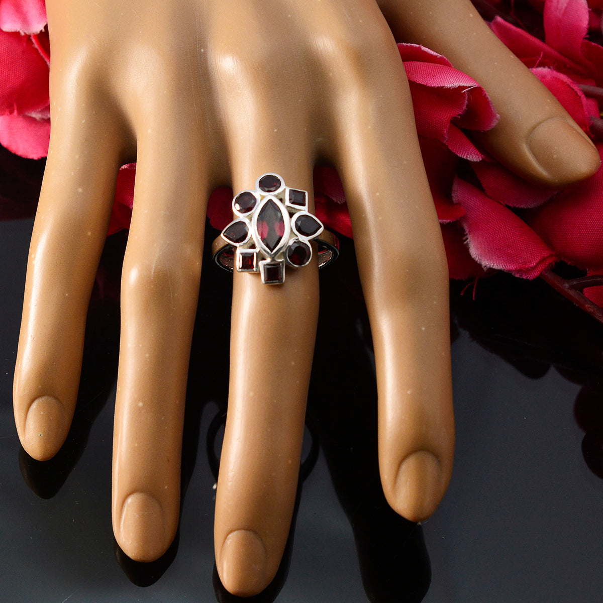 Aisha Modern Navratna Ring with Red Gemstones