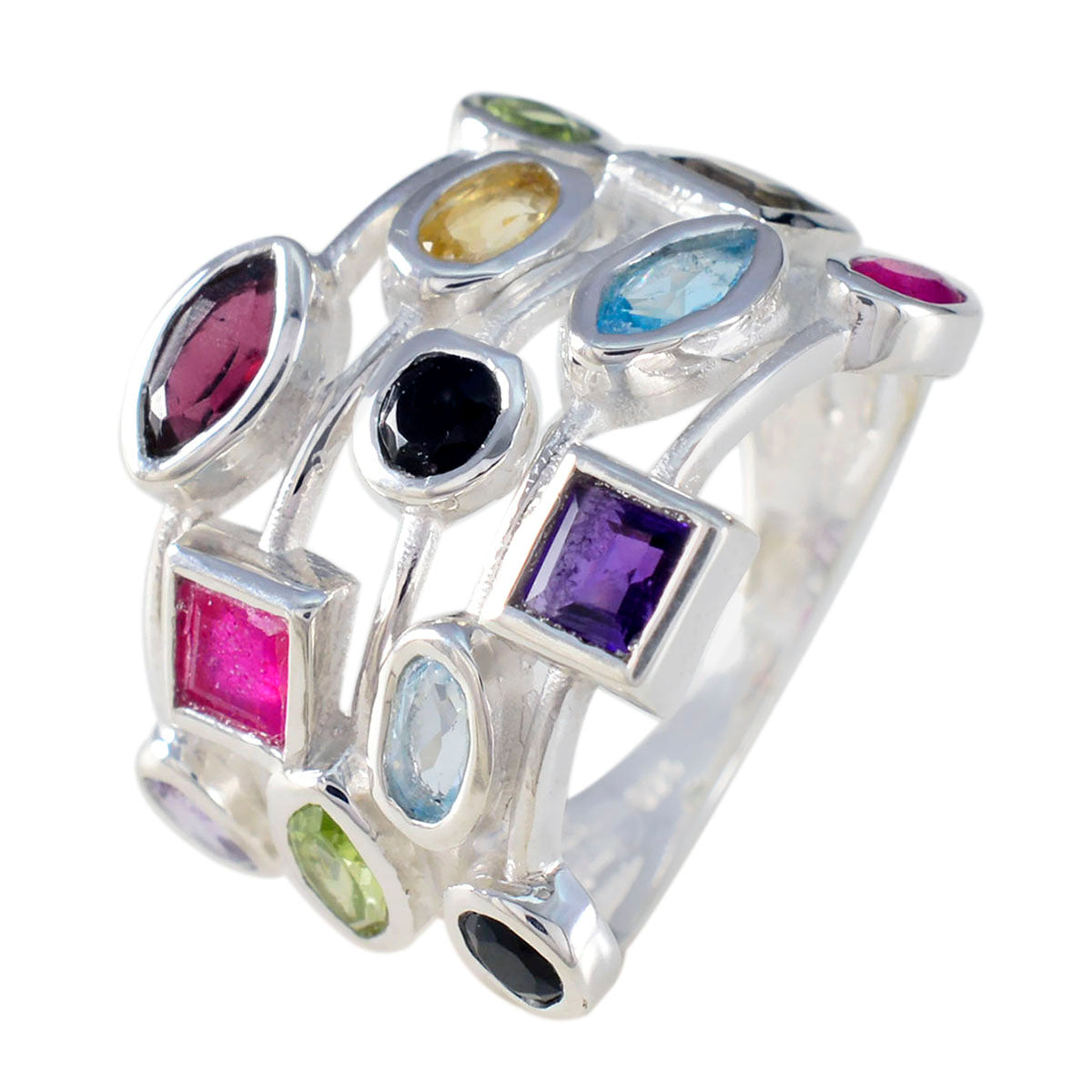 Julia sterling silver band set with marquise square and round multicolored stones multicolor gemstone cocktail ring