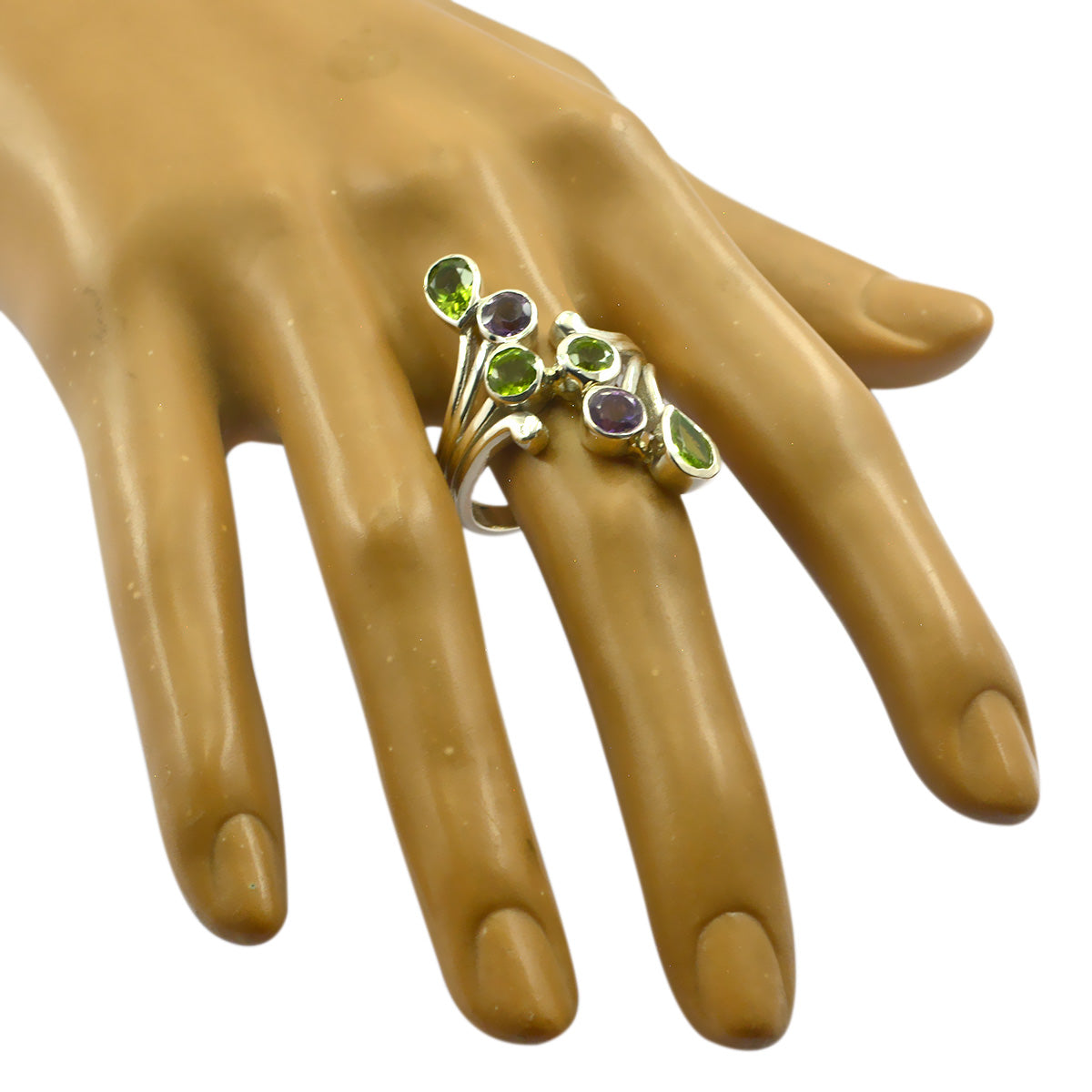 Nora multicolor gemstone cocktail ring with green and purple stones on hand model