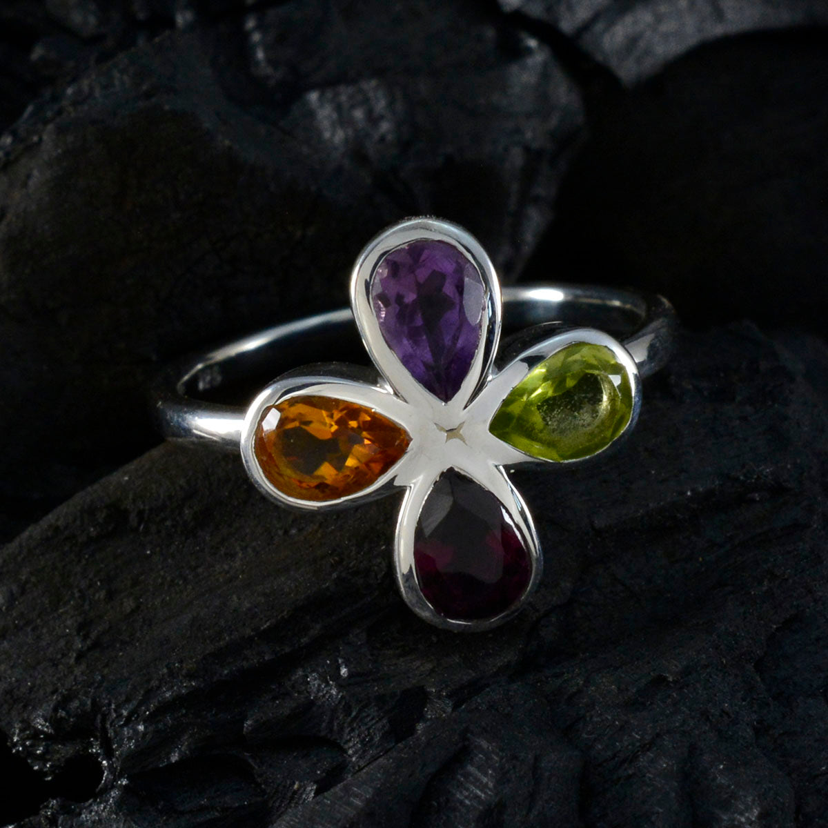 Aiko Multicolor Gemstone Floral Ring with Sterling Silver