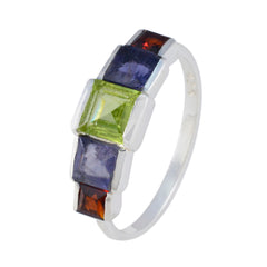 Emi multicolor gemstone ring for women with green, purple, and red square stones in silver band