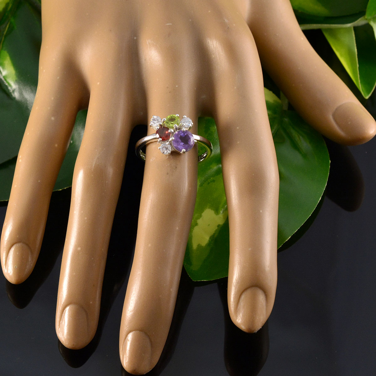 Ayesha multicolor gemstone ring with purple amethyst green peridot and clear accent stones on silver band