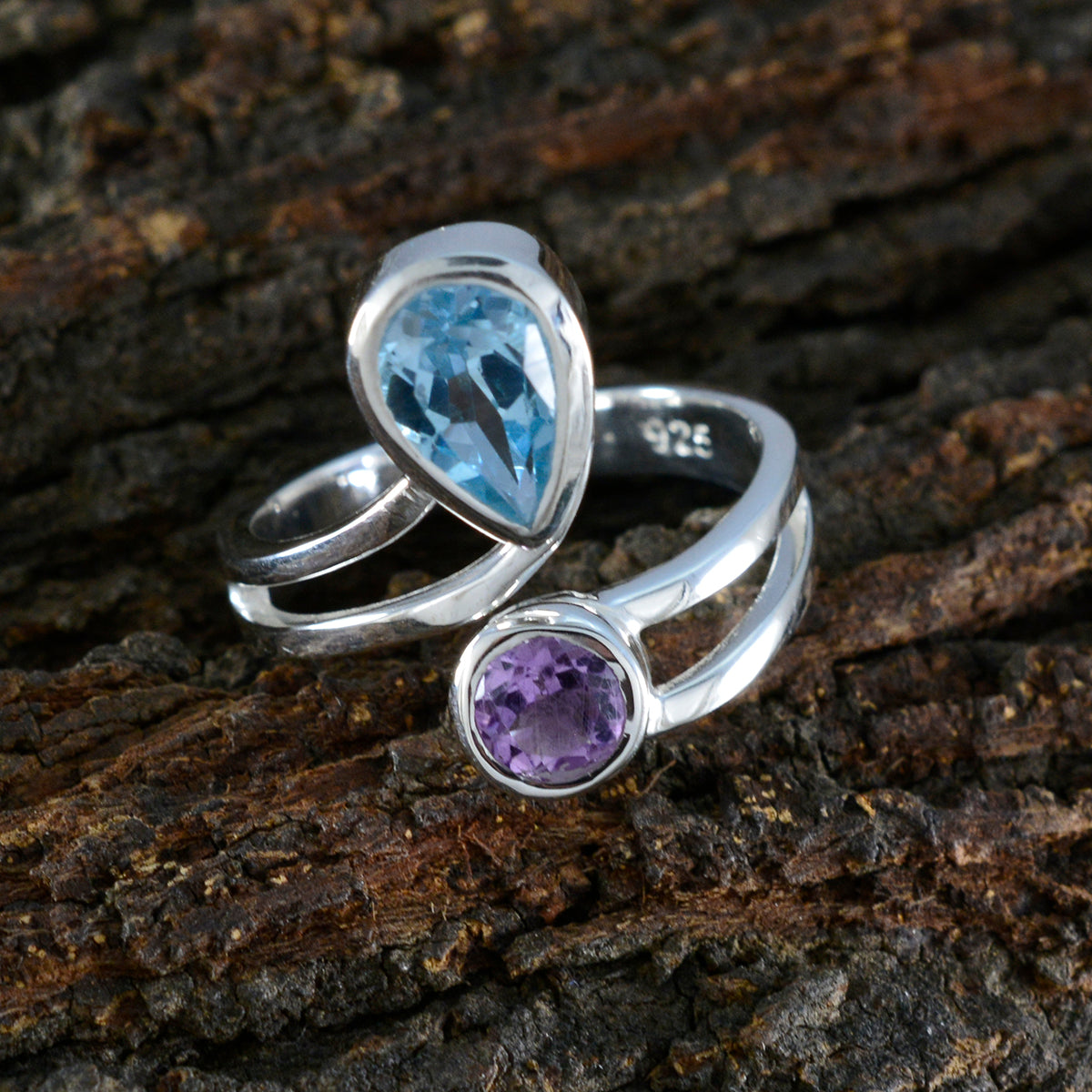 Daniela multicolor gemstone statement ring with blue pear and purple round stones on silver band