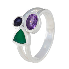 Laura multicolor gemstone trilogy ring sterling silver band with purple oval green triangular and blue round stones