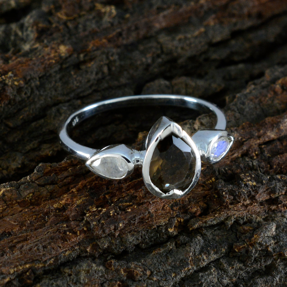 Xiu sterling silver multicolor gemstone trilogy ring with pear cut smoky center and pear side stones