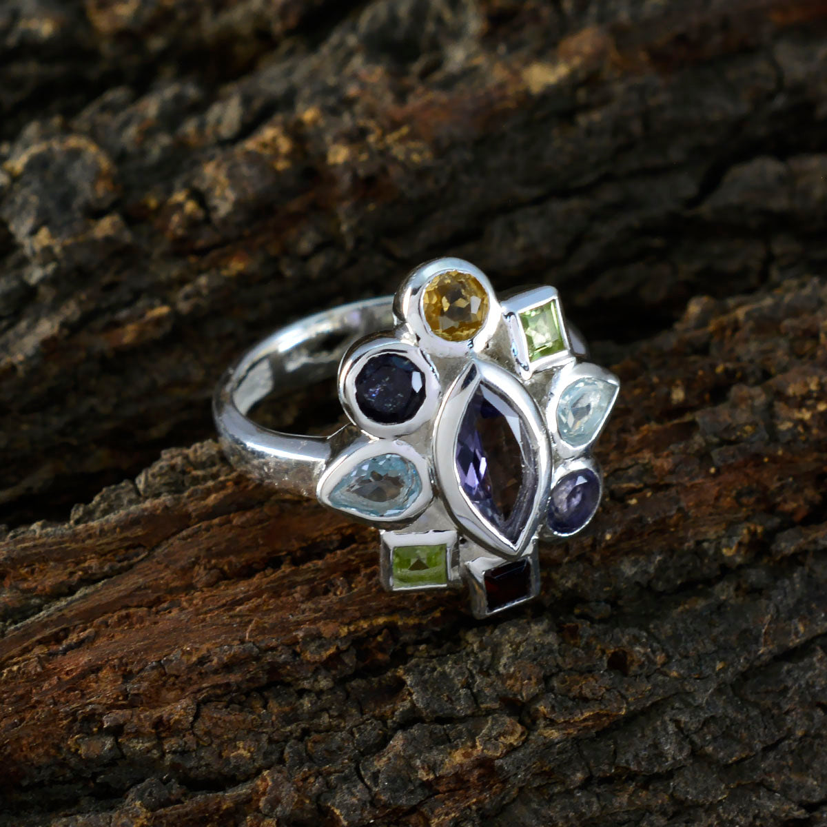 Patricia multicolor navratna gemstone ring with various colored stones set in silver band