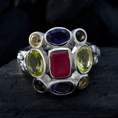 Freya multicolor Navratna ring in sterling silver with central rectangular red stone and mixed gems