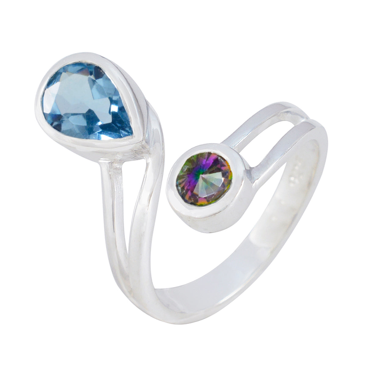 Harper multicolor toi et moi ring sterling silver open band with pear blue topaz and round mystic stone