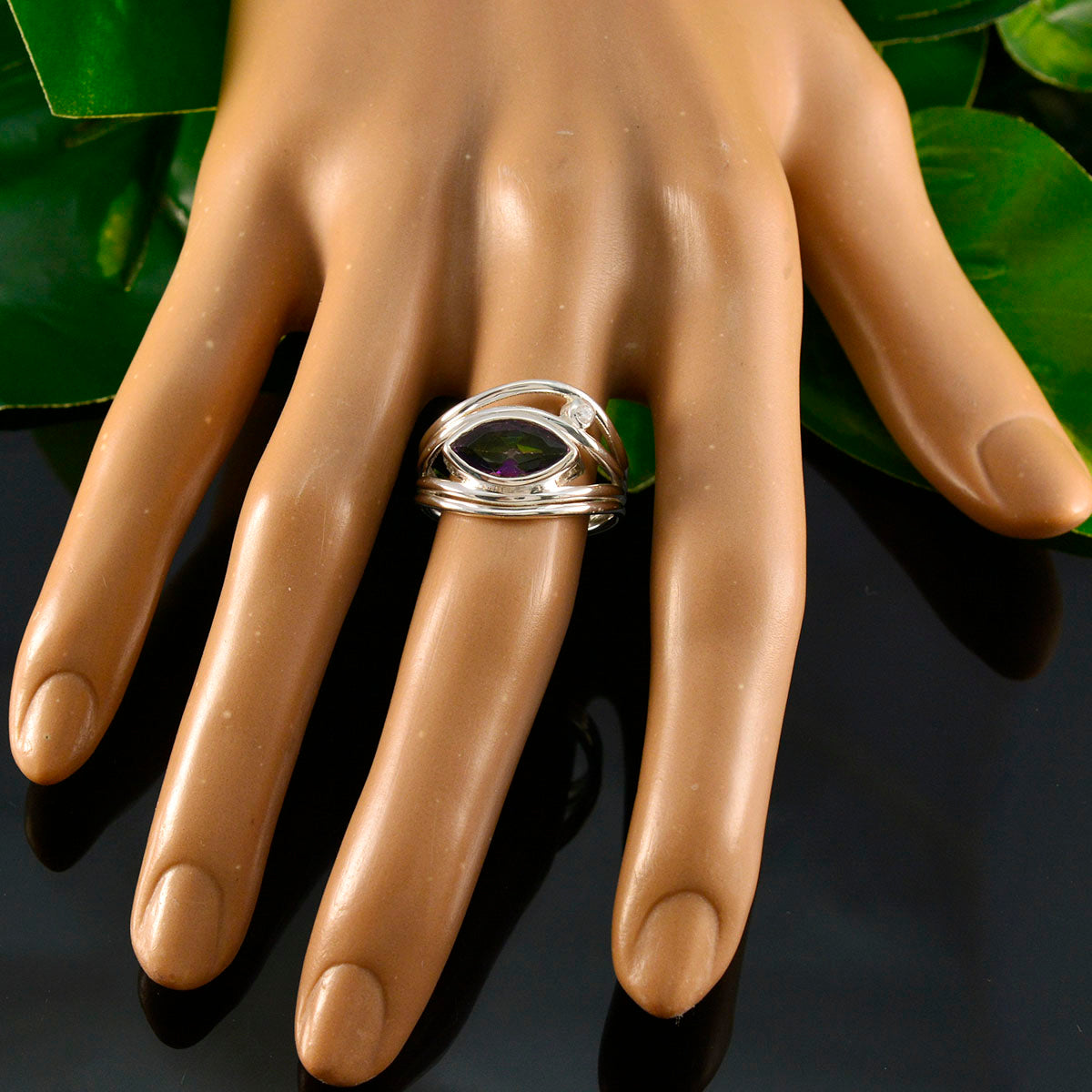 Teresa multicolor toi et moi ring with marquise stone on silver band displayed on mannequin hand