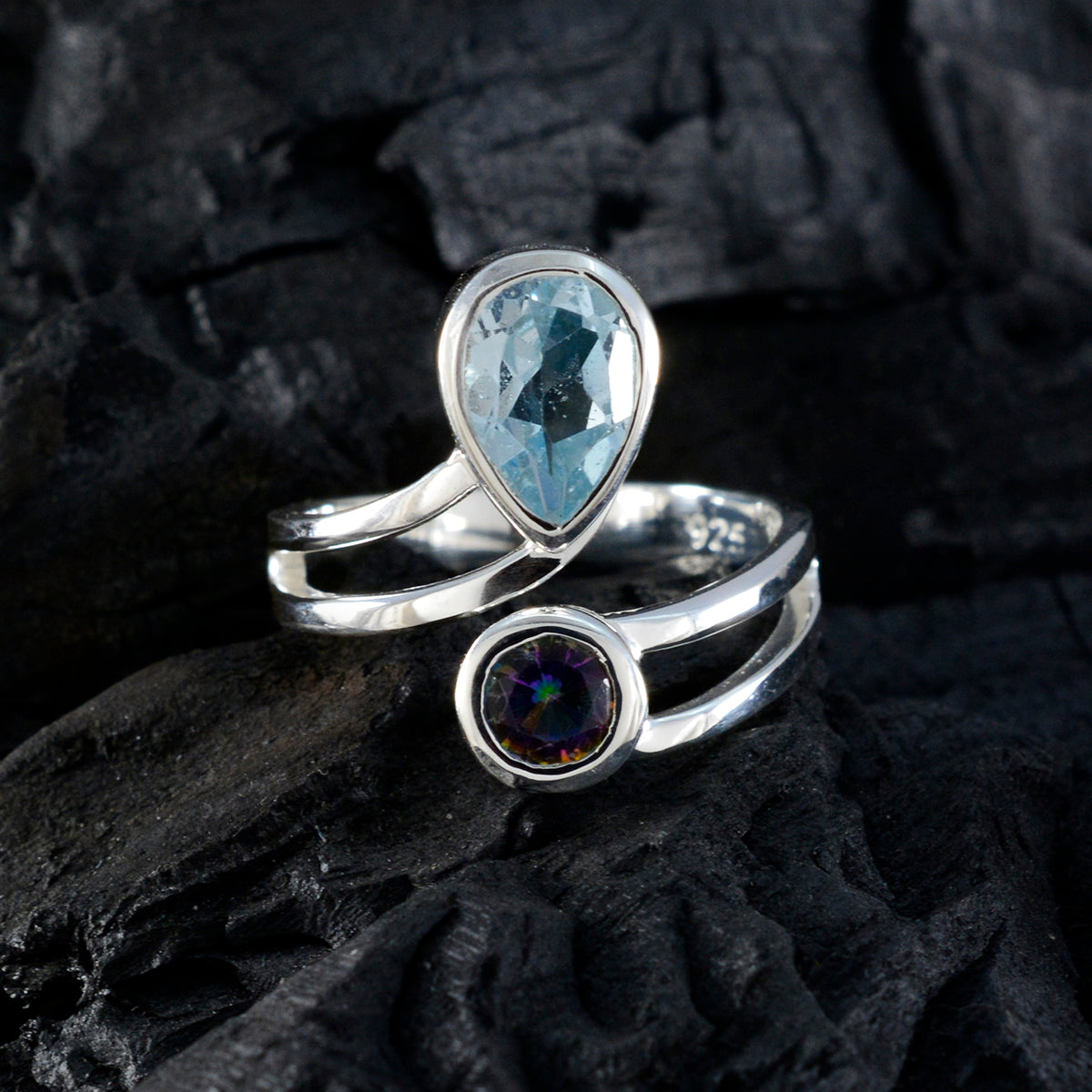 Harper sterling silver multicolor toi et moi ring with pear blue topaz and round mystic quartz stones