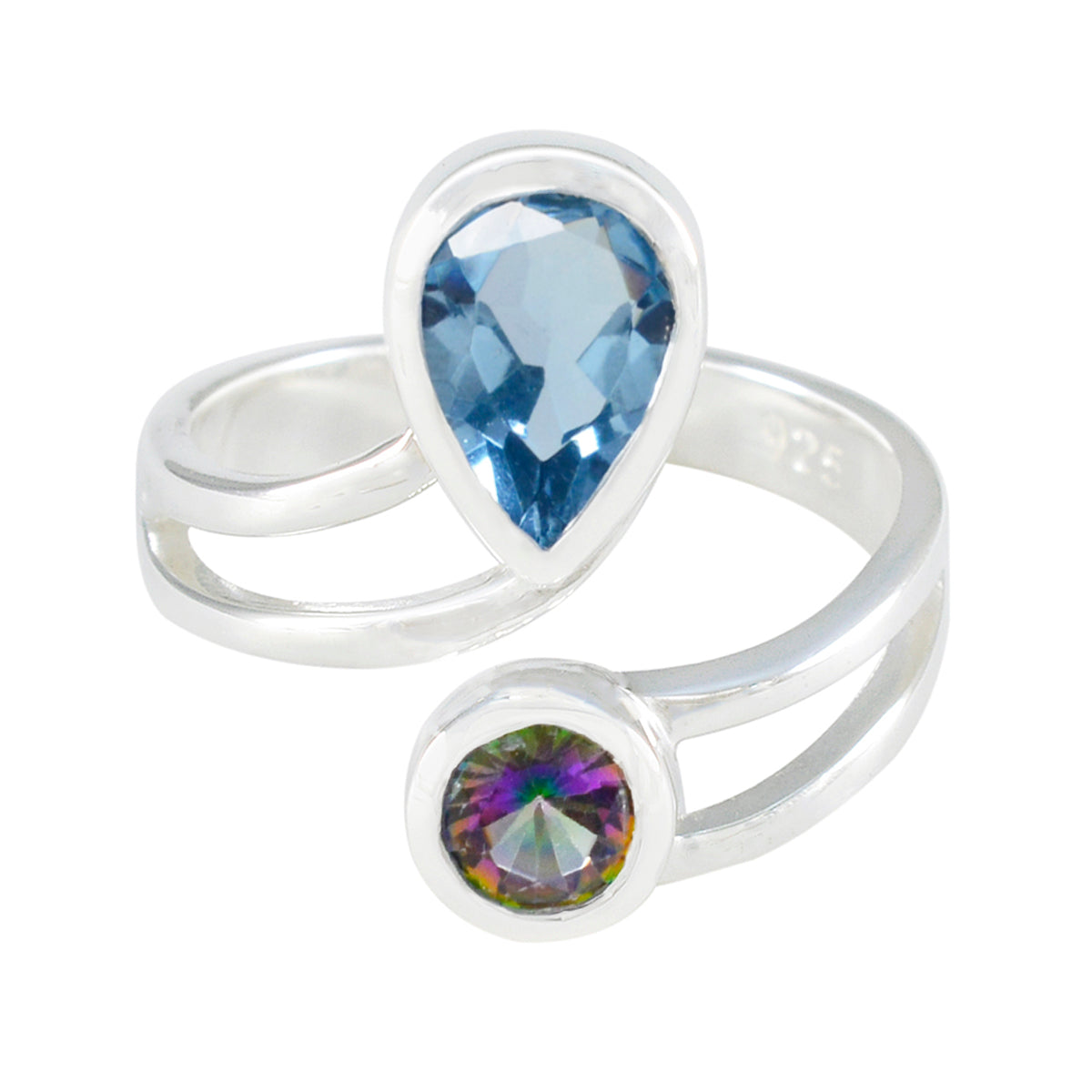 Harper sterling silver open bypass ring with pear blue gem and round mystic stone multicolor toi et moi ring