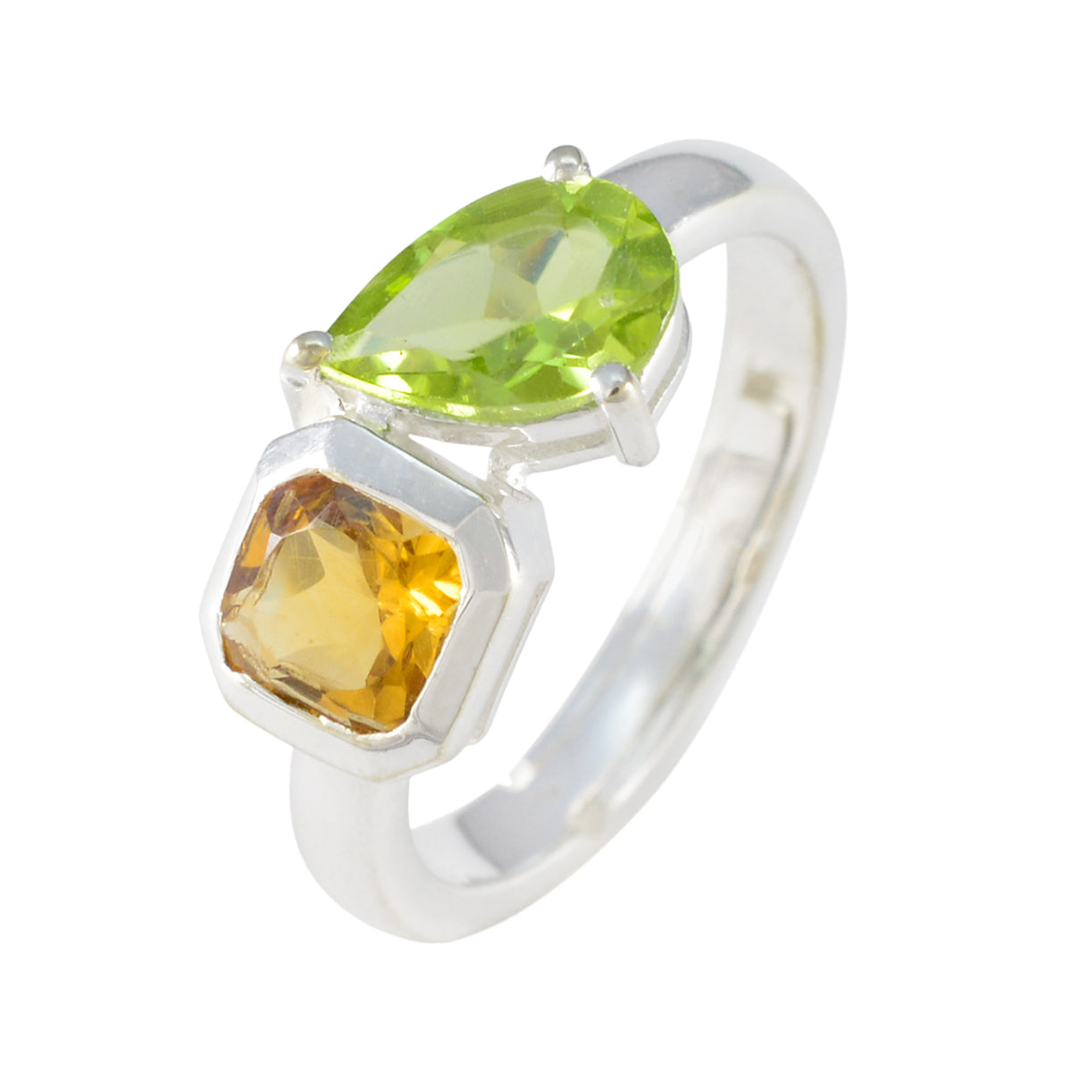 Olivia sterling silver multicolor Toi et Moi ring with pear peridot and square citrine stones