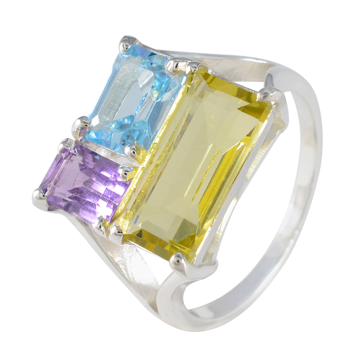 Rosa multicolor trilogy ring featuring blue, yellow, and purple gemstones set in silver band