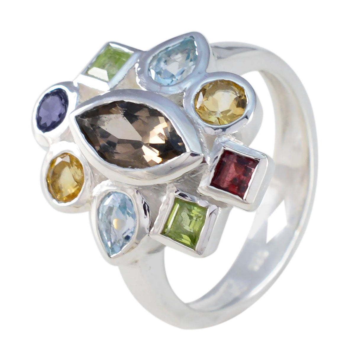 Marie sterling silver navratna ring for women with multicolor gemstones including marquise smoky quartz