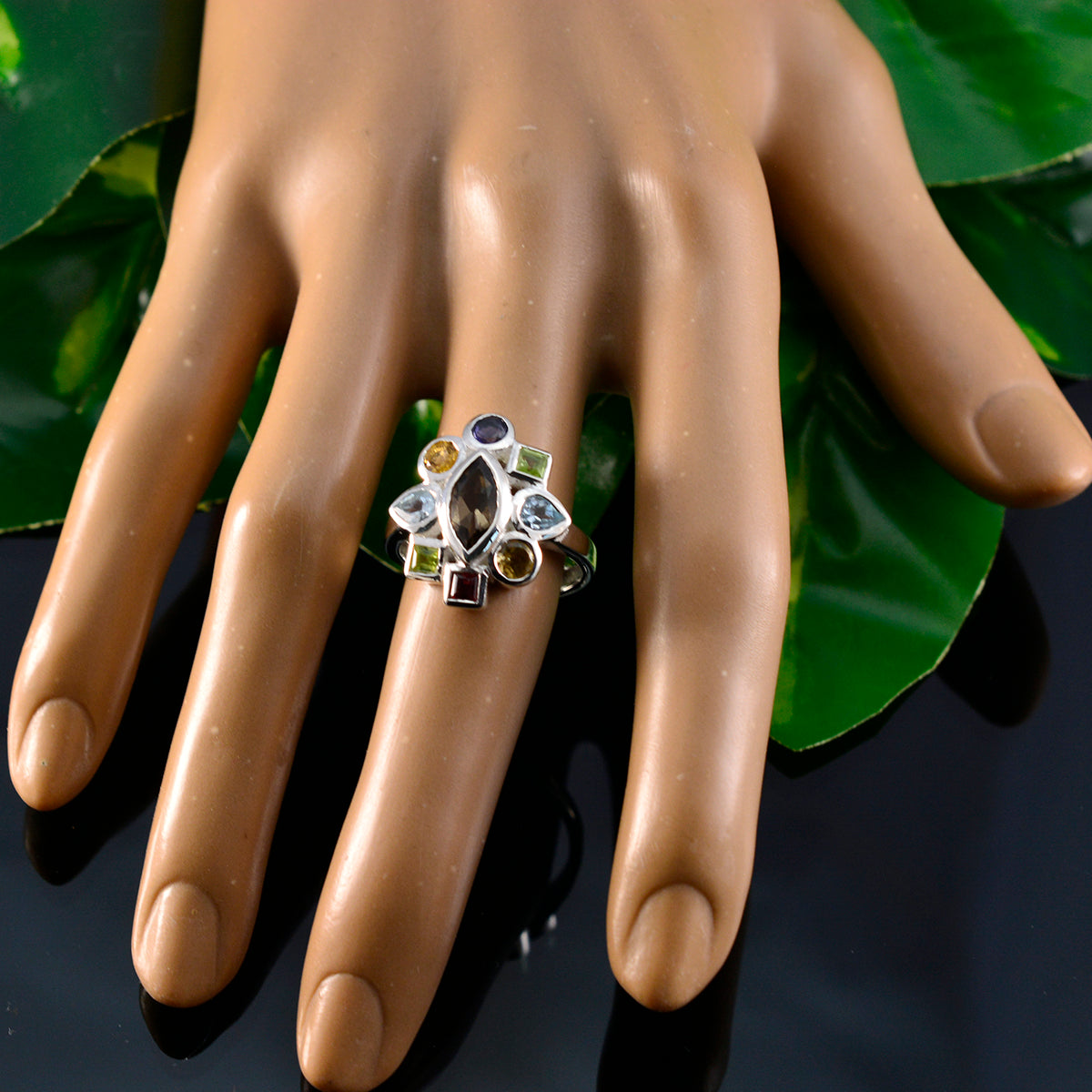 Marie silver navratna ring for women with multicolor gemstones and marquise center on display hand