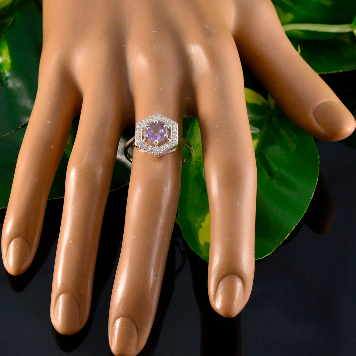Lucia Purple Gemstone Halo Ring with Silver Hexagon Design