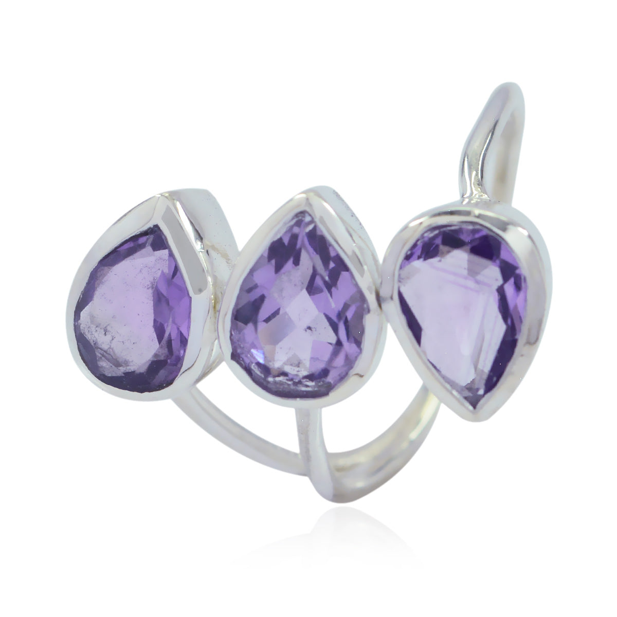 Saanvi purple gemstone trilogy ring with three pear shaped amethyst stones in sterling silver statement ring