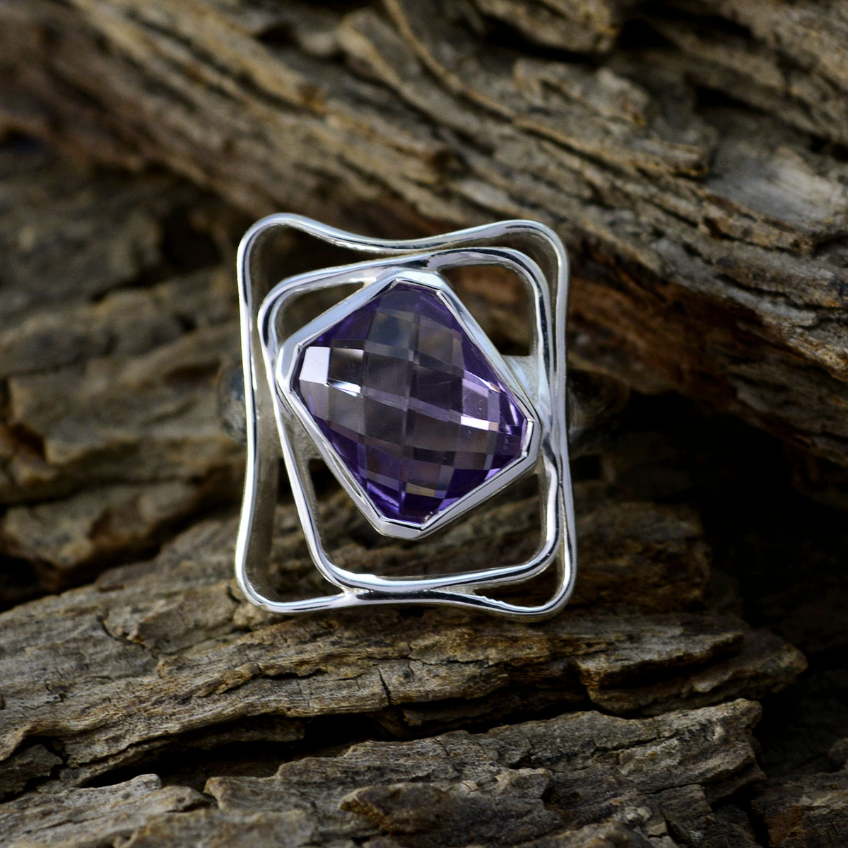 Freya Purple Solitaire Ring with Geometric Silver Design