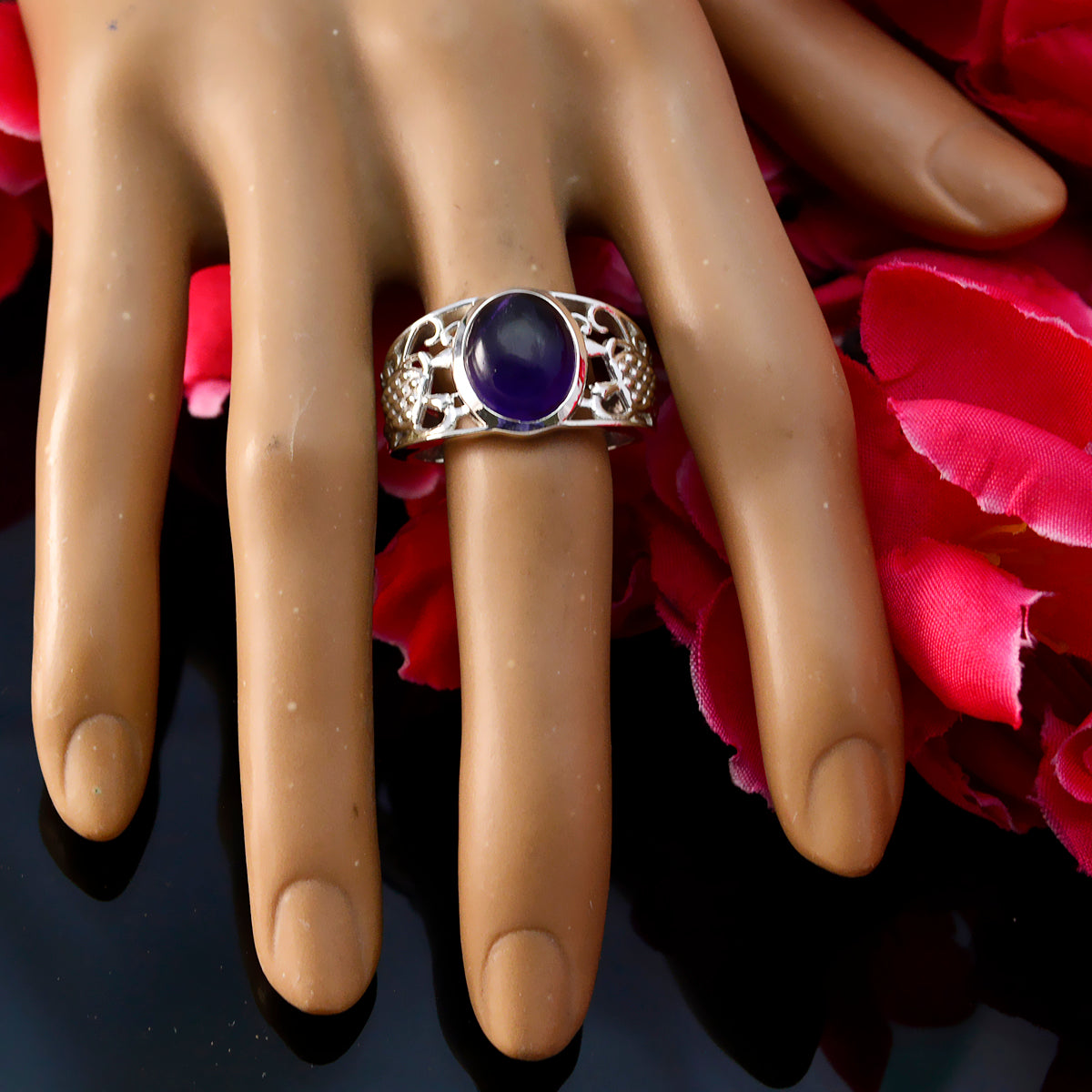 Maria Purple Solitaire Ring India with Silver Filigree