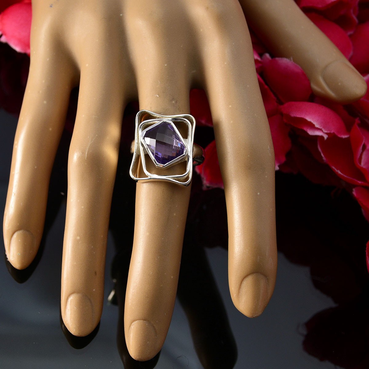 Freya Purple Solitaire Ring with Geometric Silver Design