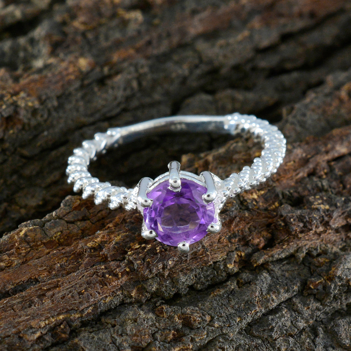 Siti Purple Solitaire Ring with Intricate Silver Band