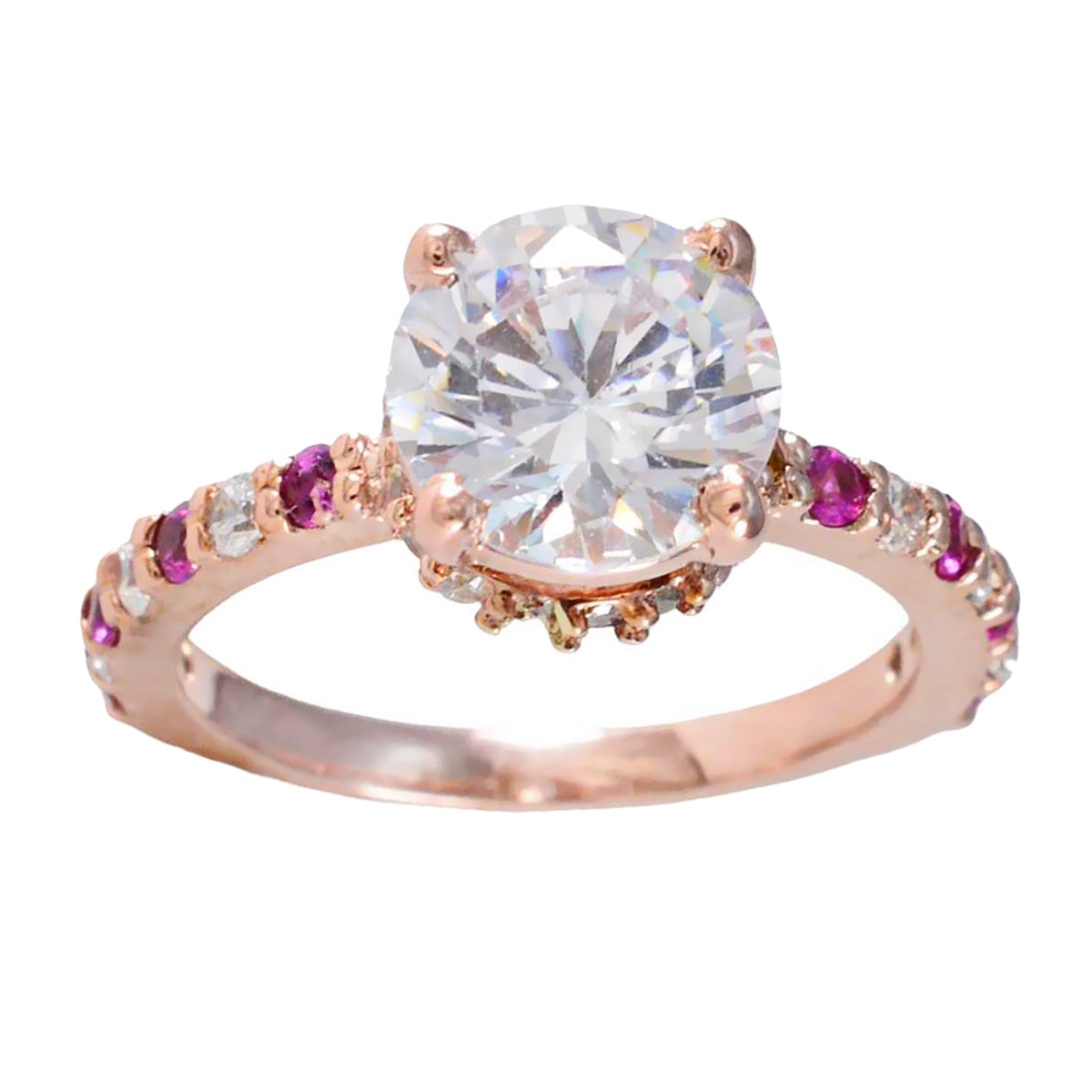 Li Lee red halo gemstone ring with large clear center stone and smaller red and clear gemstones on rose gold band