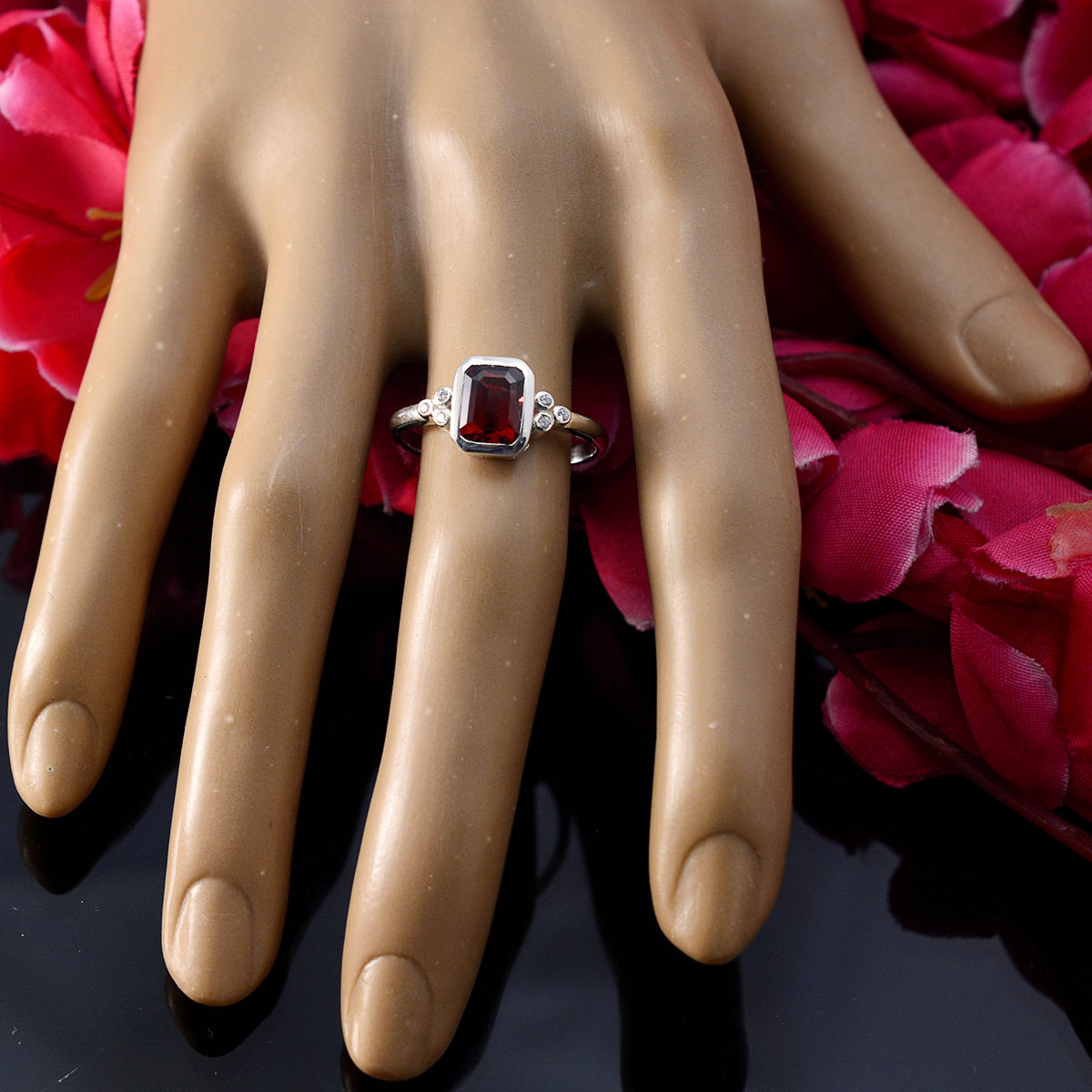 Ayaka Red Halo Gemstone Ring with Sterling Silver