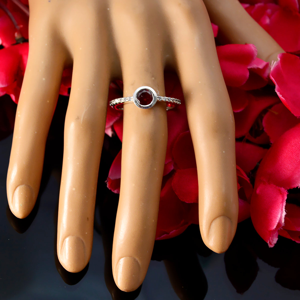 Ling Red Halo Gemstone Ring with Sterling Silver Band