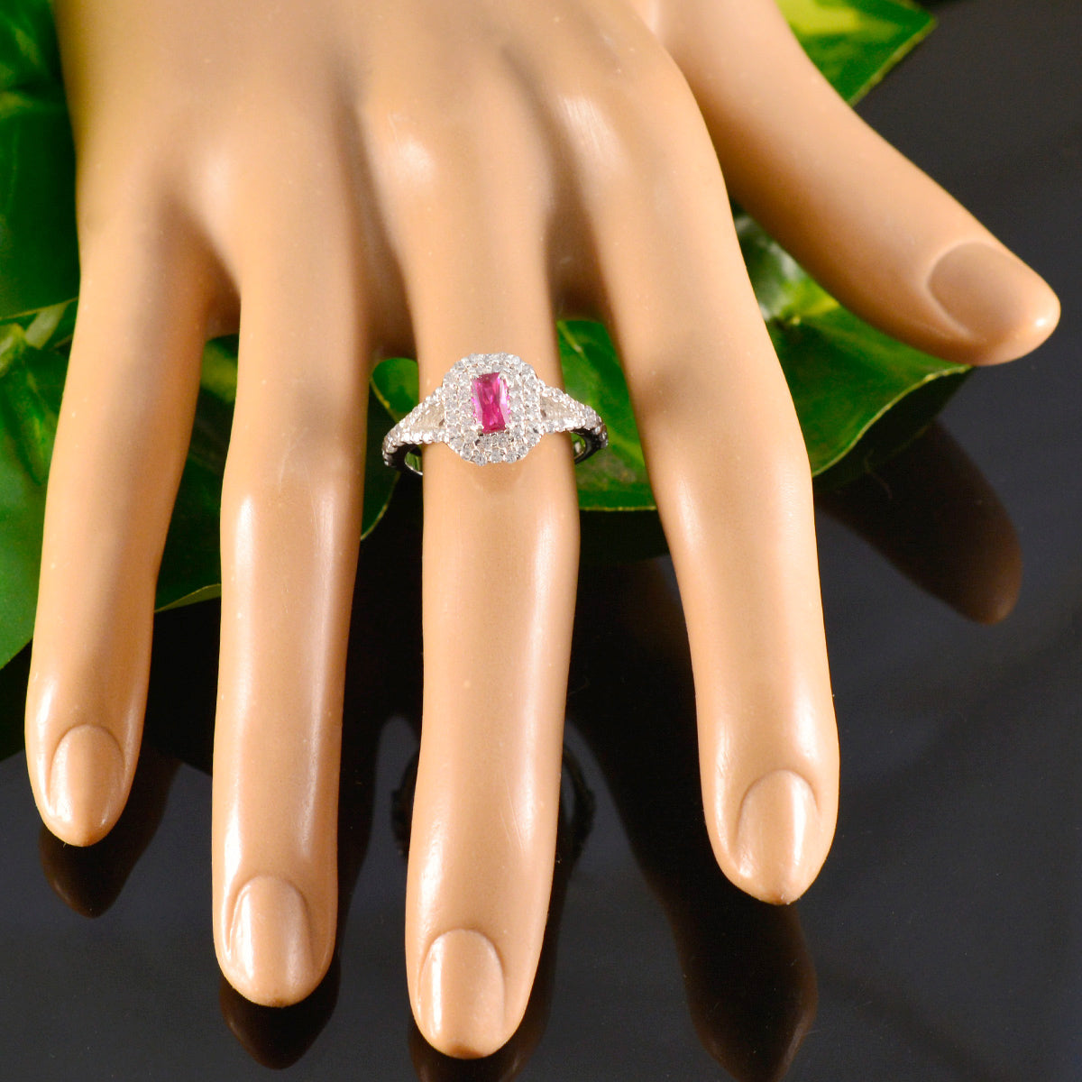 Tereza red halo ring for women with rectangular red gemstone and diamond accents on silver band