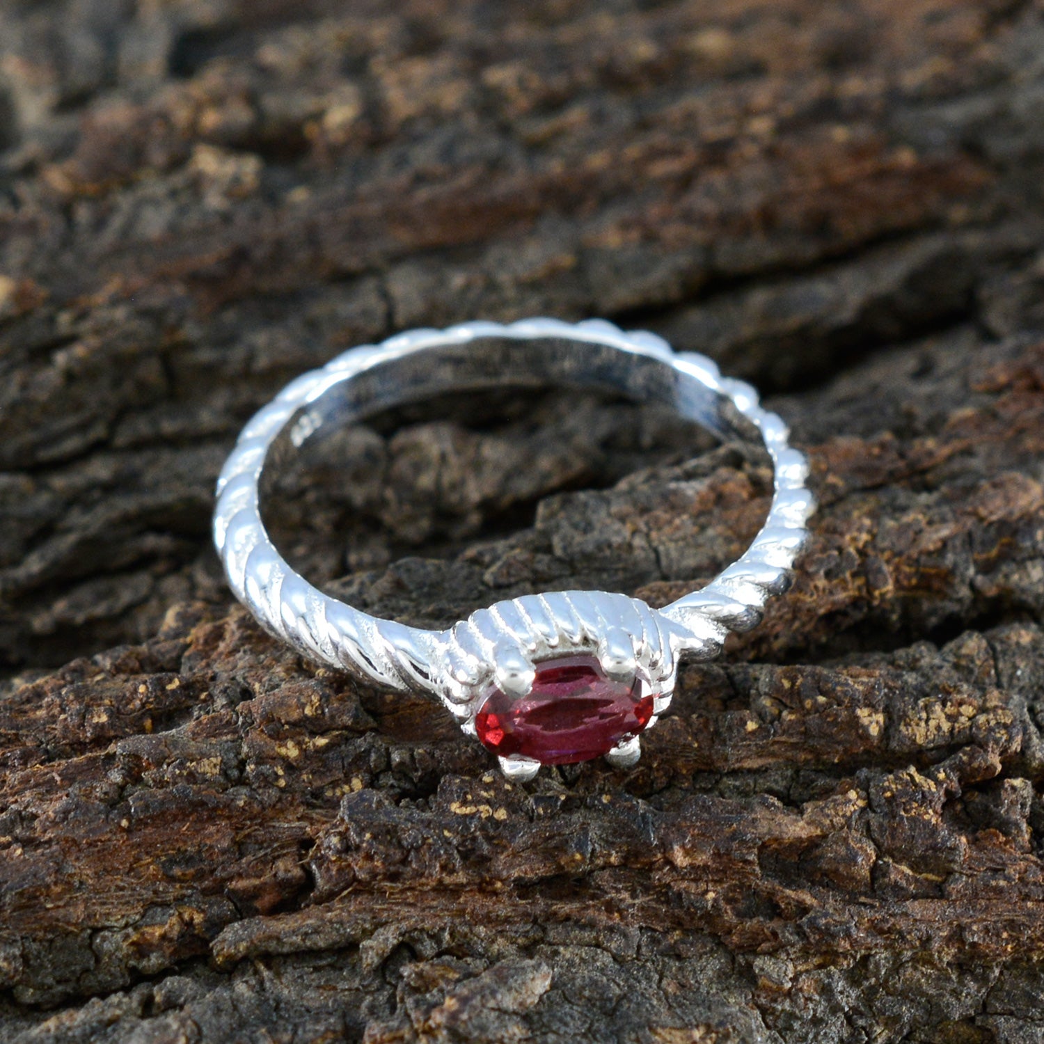 Sarah Red Solitaire Ring with Twisted Silver Band