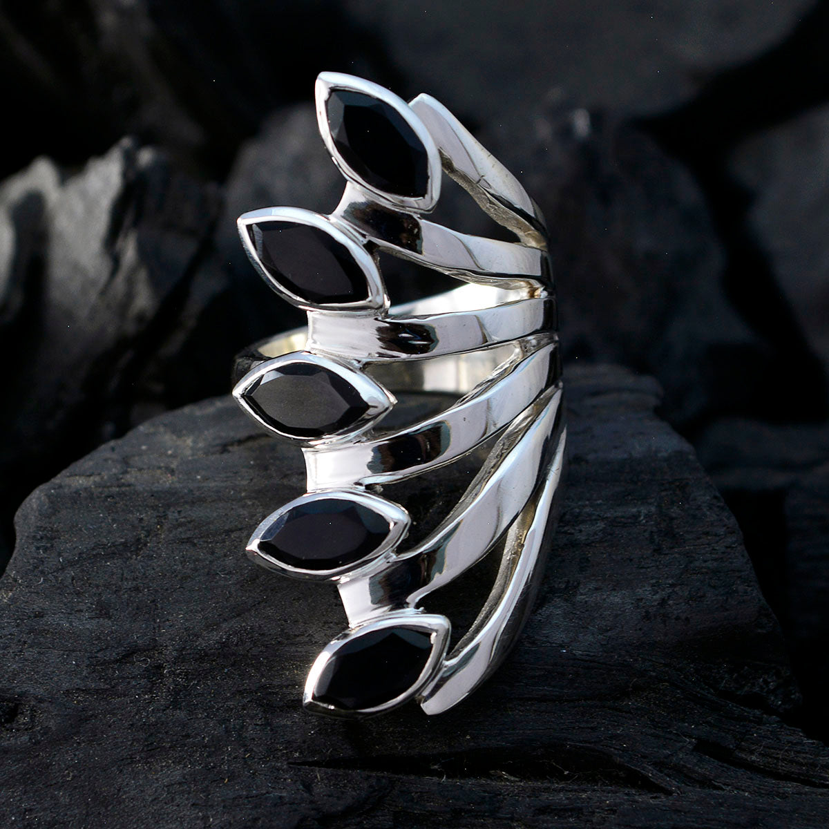 Grace traditional black gemstone ring with five marquise-cut black stones set in polished silver band