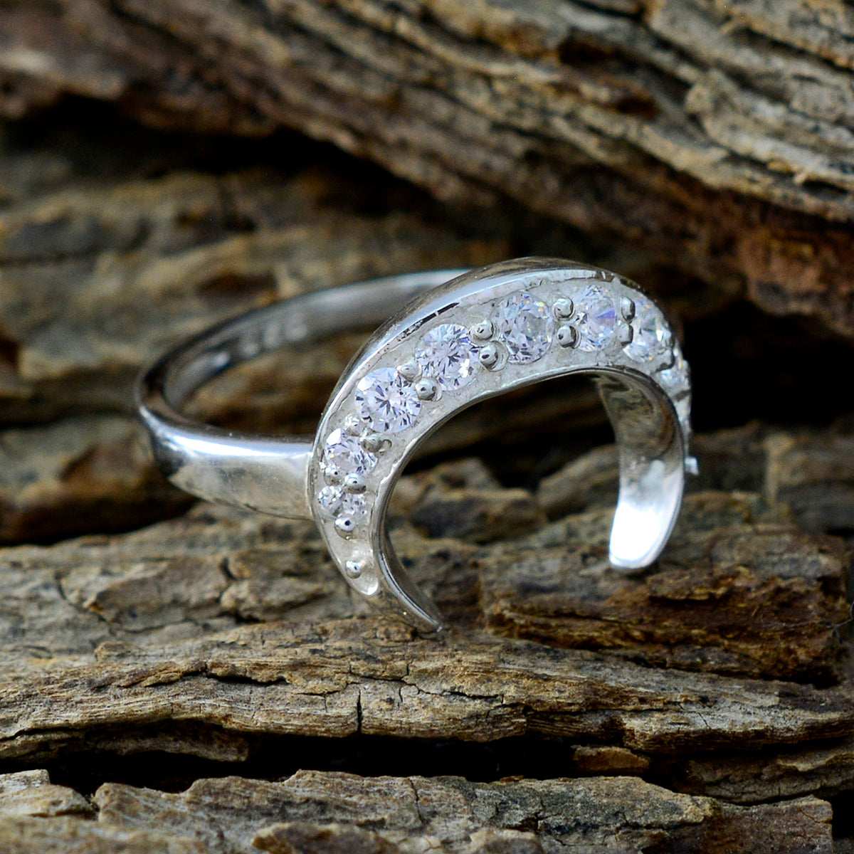 Liyana white gemstone ring for women with crescent shape and sparkling stones on silver band